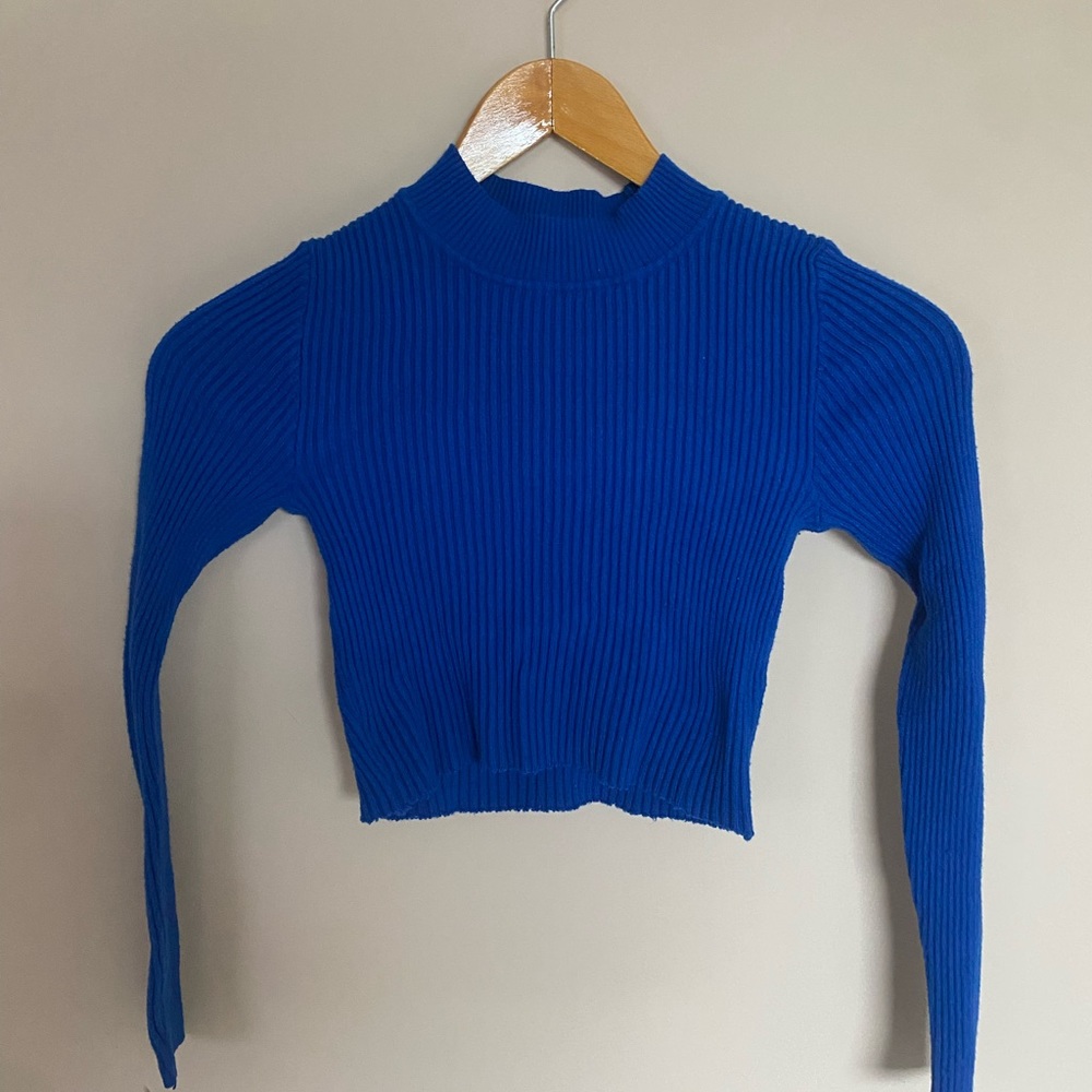 Royal Blue mock neck ribbed cropped sweater